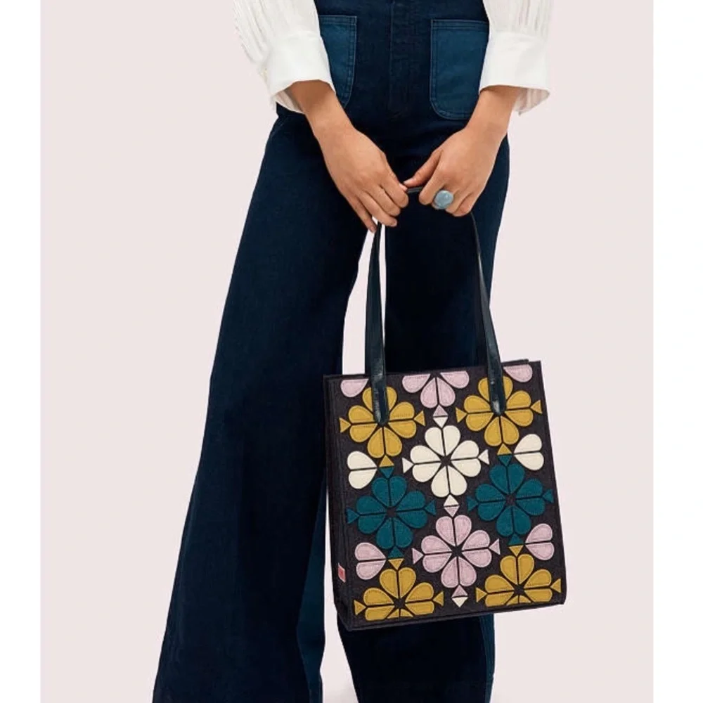 KATE SPADE Blue Purple Kitt North South Floral Felt Tote Bag & Matching Pouch